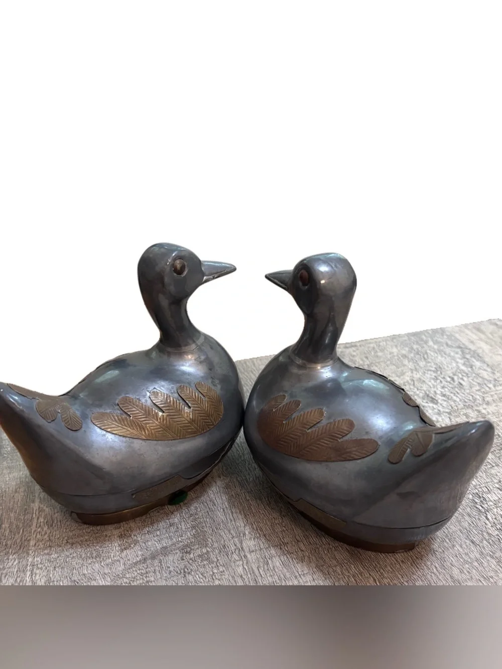 Two Vintage 5” Pewter w/ Brass Ducks w/Lids Trinket Box Heavy - Mid Century